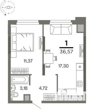 1-к квартира, вторичка, 37м2, 19/26 этаж