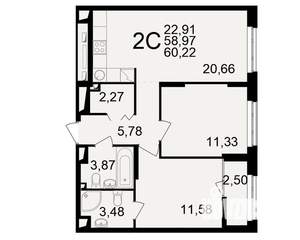2-к квартира, вторичка, 59м2, 7/25 этаж