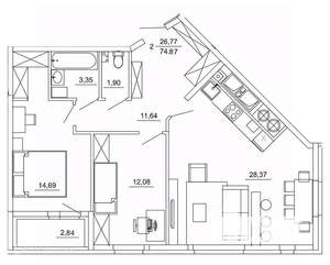 2-к квартира, вторичка, 75м2, 2/26 этаж