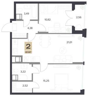 2-к квартира, строящийся дом, 62м2, 2/13 этаж