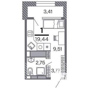 1-к квартира, строящийся дом, 19м2, 22/25 этаж