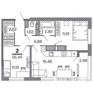 2-к квартира, строящийся дом, 56м2, 14/25 этаж