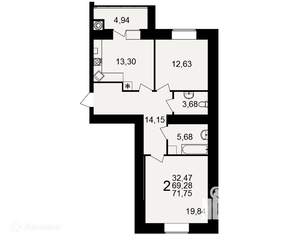 2-к квартира, вторичка, 72м2, 10/16 этаж
