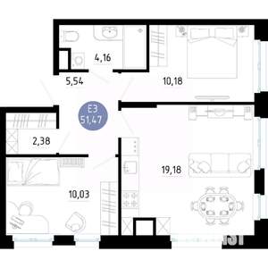 2-к квартира, вторичка, 51м2, 6/14 этаж