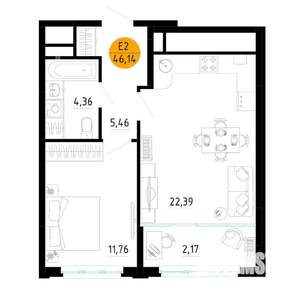 1-к квартира, вторичка, 46м2, 19/25 этаж