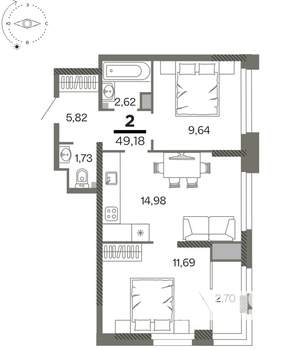 2-к квартира, вторичка, 49м2, 19/26 этаж