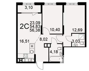 2-к квартира, вторичка, 55м2, 6/22 этаж