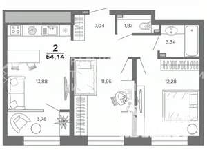 2-к квартира, вторичка, 49м2, 8/22 этаж