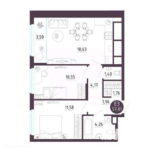 2-к квартира, вторичка, 58м2, 5/19 этаж