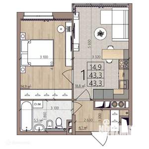 1-к квартира, вторичка, 43м2, 5/9 этаж