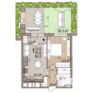 1-к квартира, вторичка, 64м2, 1/25 этаж