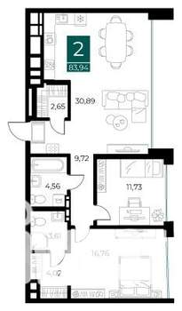 2-к квартира, вторичка, 84м2, 9/14 этаж
