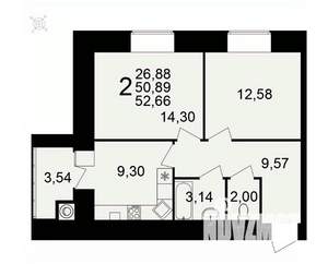 2-к квартира, вторичка, 53м2, 1/16 этаж