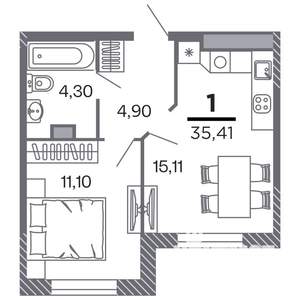1-к квартира, строящийся дом, 35м2, 10/25 этаж