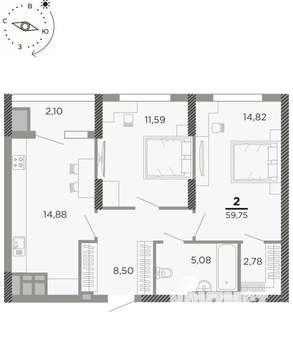 2-к квартира, вторичка, 60м2, 15/24 этаж
