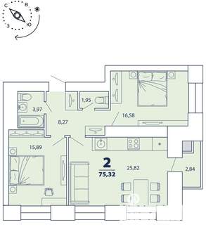 2-к квартира, строящийся дом, 75м2, 16/16 этаж