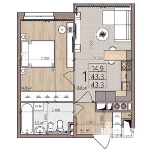 1-к квартира, строящийся дом, 43м2, 5/8 этаж