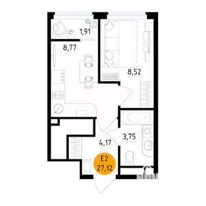 1-к квартира, вторичка, 27м2, 13/25 этаж