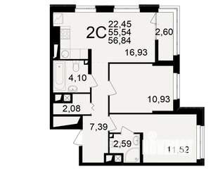 2-к квартира, вторичка, 56м2, 13/25 этаж