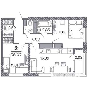 2-к квартира, строящийся дом, 56м2, 17/25 этаж