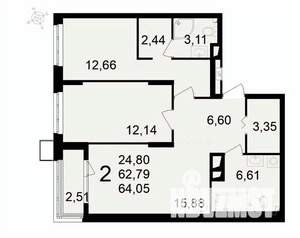2-к квартира, вторичка, 64м2, 5/24 этаж