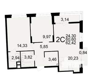 2-к квартира, вторичка, 61м2, 6/25 этаж