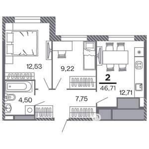 2-к квартира, строящийся дом, 47м2, 19/25 этаж