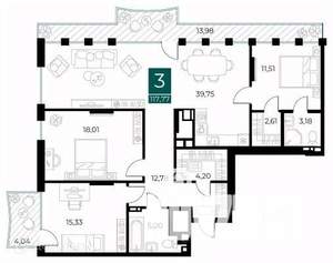 3-к квартира, вторичка, 118м2, 6/14 этаж
