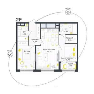 2-к квартира, строящийся дом, 65м2, 18/25 этаж