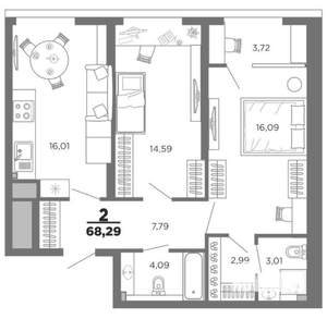2-к квартира, вторичка, 68м2, 11/22 этаж