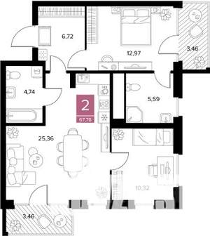 2-к квартира, вторичка, 68м2, 4/9 этаж