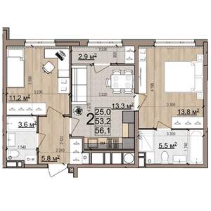 2-к квартира, вторичка, 56м2, 12/25 этаж