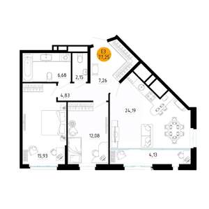 2-к квартира, вторичка, 77м2, 6/25 этаж