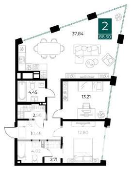 2-к квартира, вторичка, 89м2, 4/13 этаж