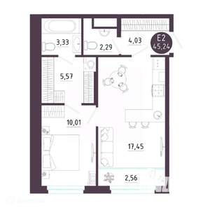 1-к квартира, вторичка, 45м2, 10/19 этаж