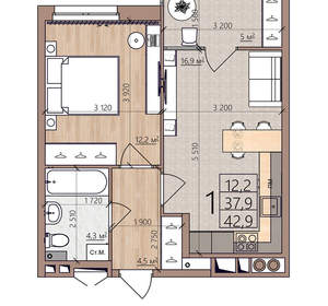 1-к квартира, вторичка, 43м2, 6/8 этаж