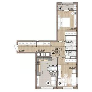 2-к квартира, вторичка, 71м2, 2/25 этаж