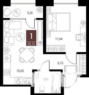 1-к квартира, вторичка, 38м2, 12/15 этаж