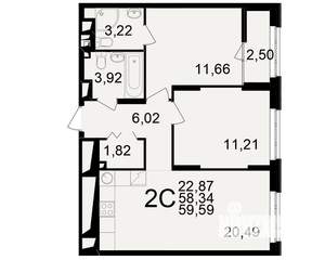 2-к квартира, вторичка, 58м2, 12/25 этаж