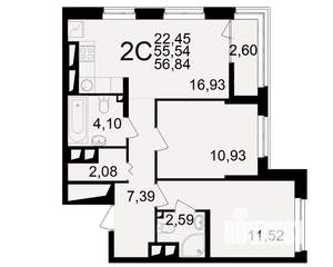 2-к квартира, вторичка, 56м2, 19/25 этаж
