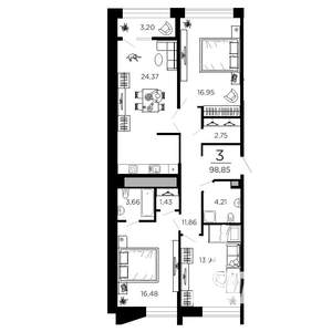 3-к квартира, вторичка, 99м2, 12/19 этаж