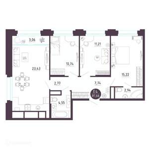 3-к квартира, вторичка, 82м2, 12/19 этаж