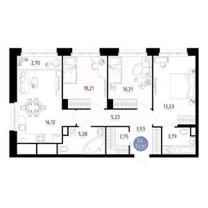 3-к квартира, вторичка, 73м2, 2/25 этаж