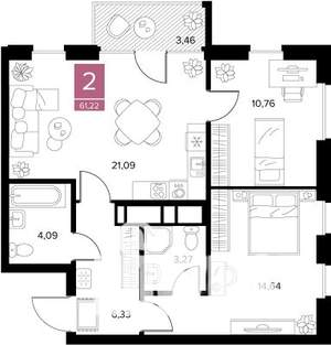 2-к квартира, вторичка, 61м2, 6/9 этаж