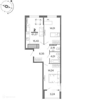 2-к квартира, вторичка, 61м2, 15/17 этаж