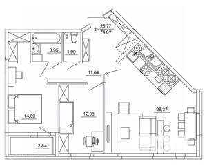 2-к квартира, вторичка, 75м2, 6/26 этаж