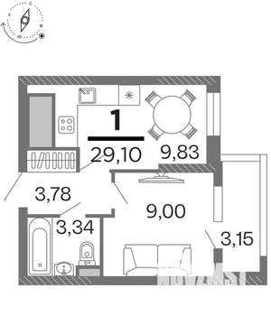 1-к квартира, строящийся дом, 29м2, 2/15 этаж