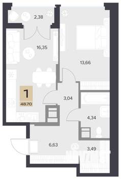 1-к квартира, строящийся дом, 49м2, 2/13 этаж