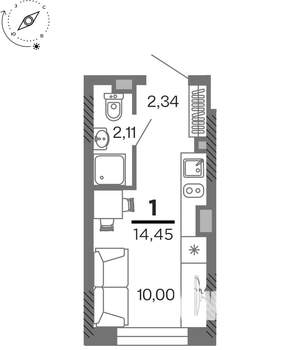 1-к квартира, вторичка, 14м2, 6/25 этаж