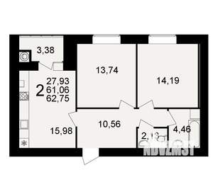 2-к квартира, вторичка, 61м2, 15/15 этаж